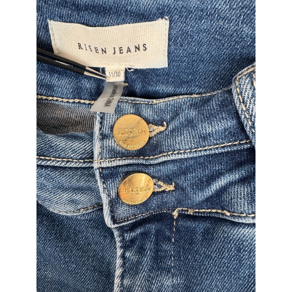 Risen Jeans Medium Wash High Rise Flare Raw Hem Denim Size 11 Waist 30 - Picture 3 of 7